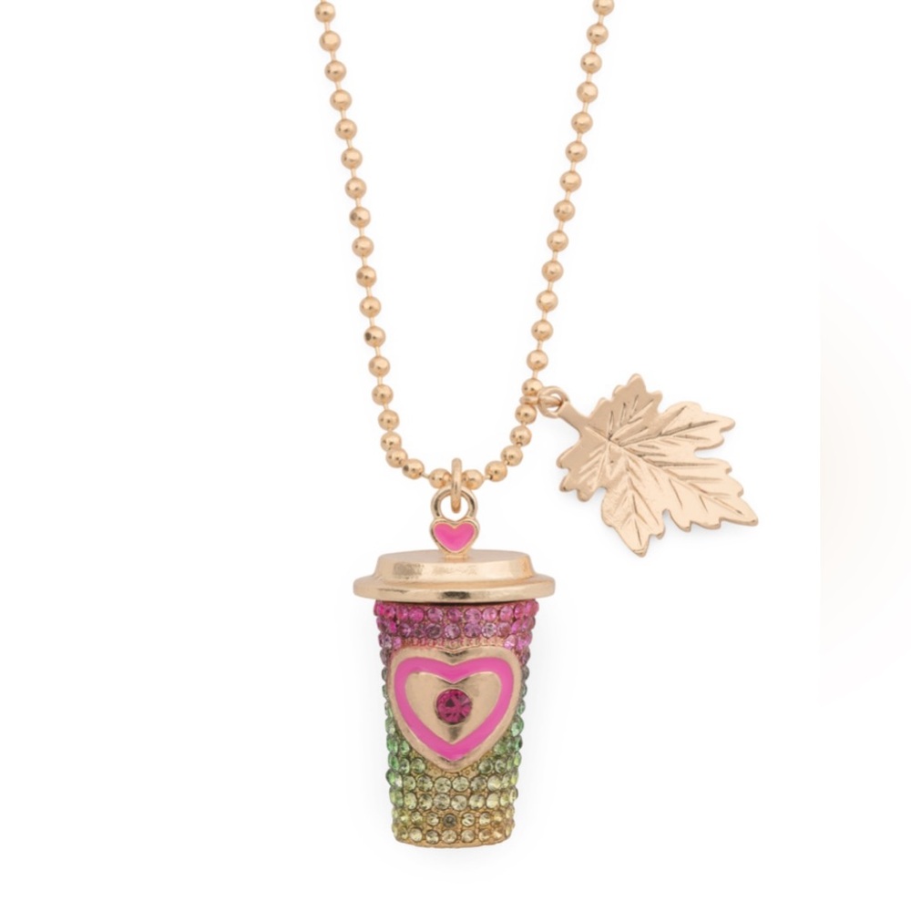 Rhinestone Latte Heart Pendent Necklace Gold Leaf Fall Jewelry Betsey Johnson